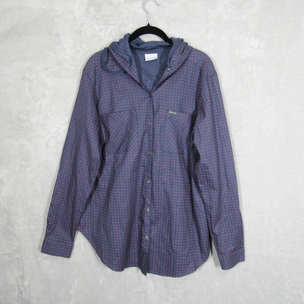 Columbia Shirt Womens Large Hooded Long Sleeve Button Up Outdoors Polka Dot
